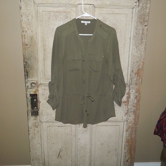 Black Rainn Olive Green Tie at Waist Blouse Size L (R-47) - Picture 1 of 5